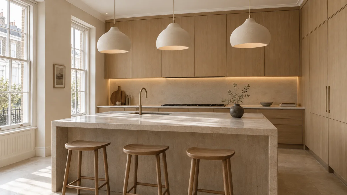 Illustrative oak kitchen with considered lighting